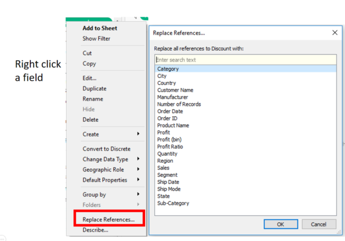 Replace References Tableau menu