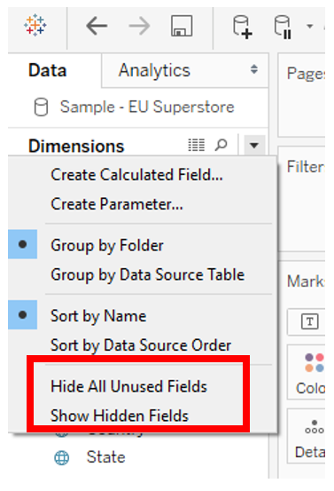 Tableau hide unused fields option