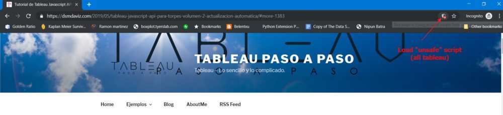 Tableau API is blocked here as the browser thinks it's coming from a different https source