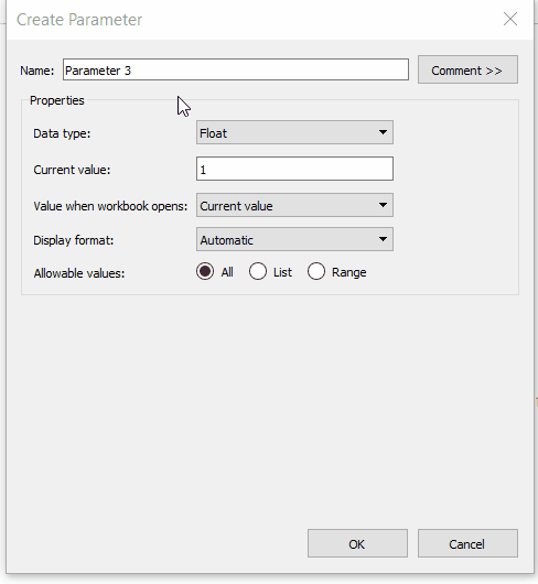 Gif showing how to create parameter